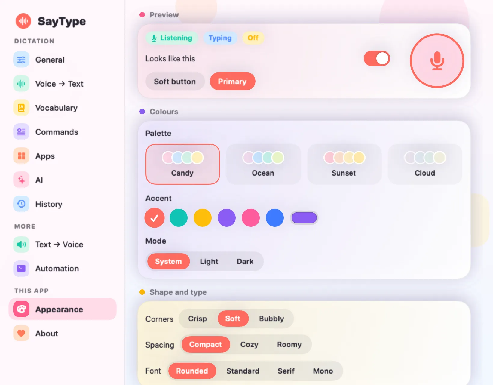 Appearance: palettes, accent colours, corners and fonts.
