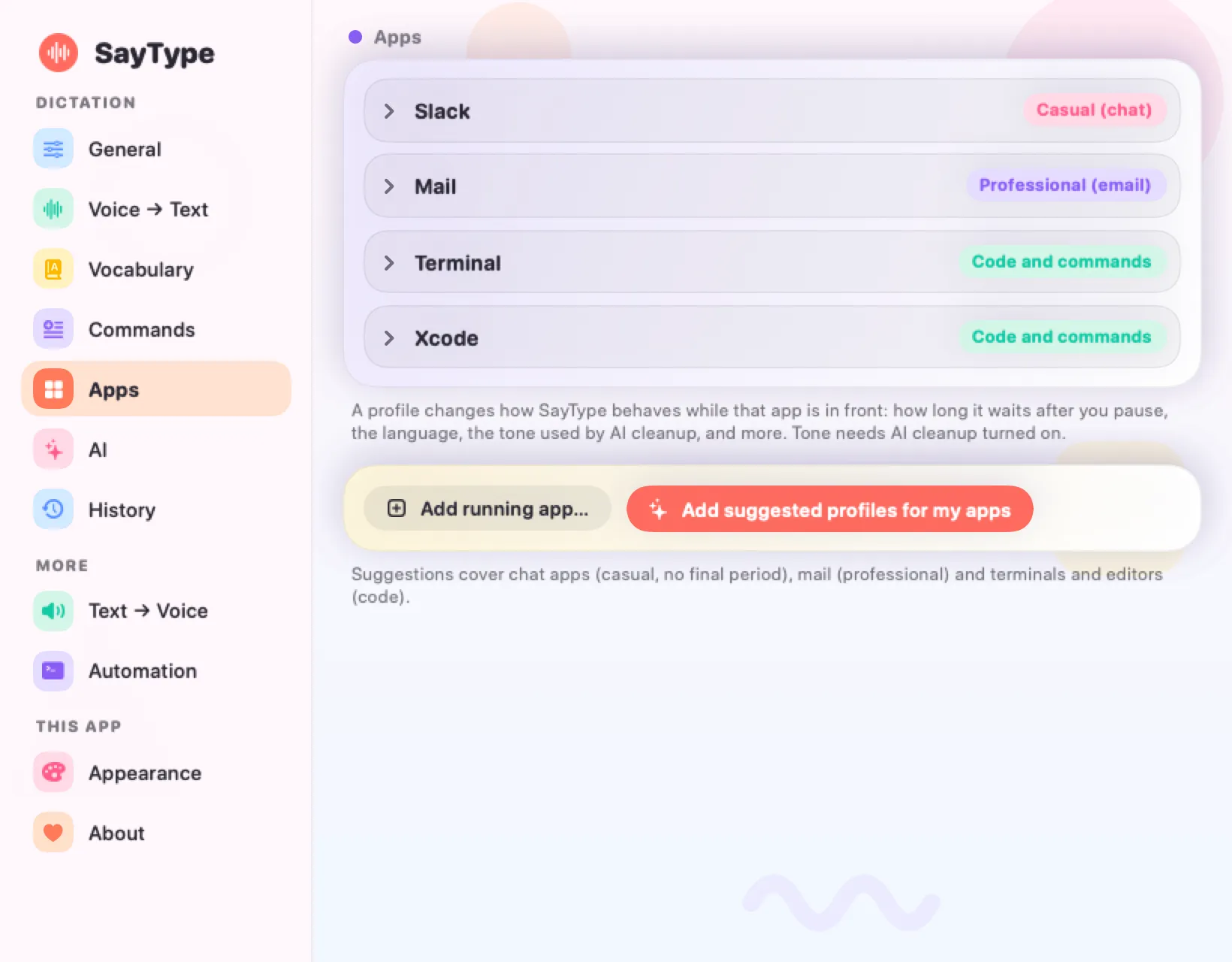 Per-app profiles for Slack, Mail, Terminal and Xcode.