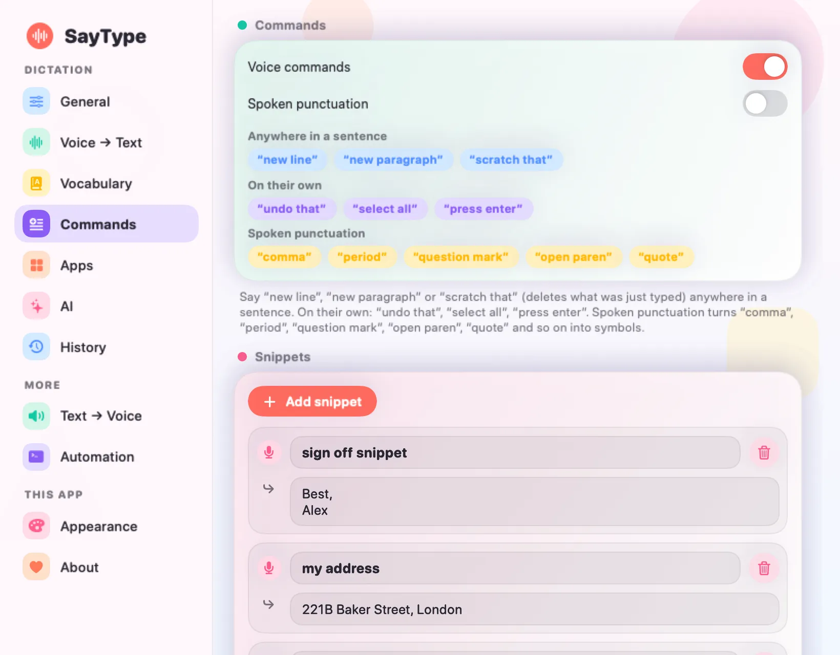 Commands and snippets: voice command chips and saved snippets.