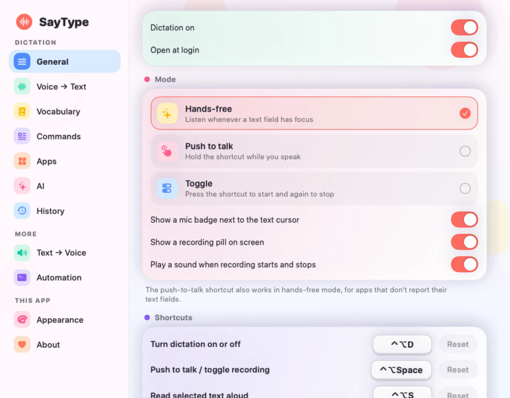 General settings: listening mode cards, shortcut keycaps and sliders.