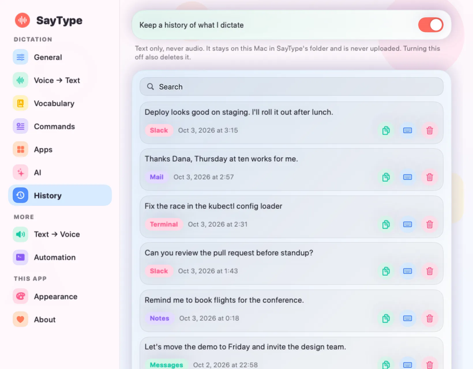 Transcript history, searchable, with copy and type-again buttons.